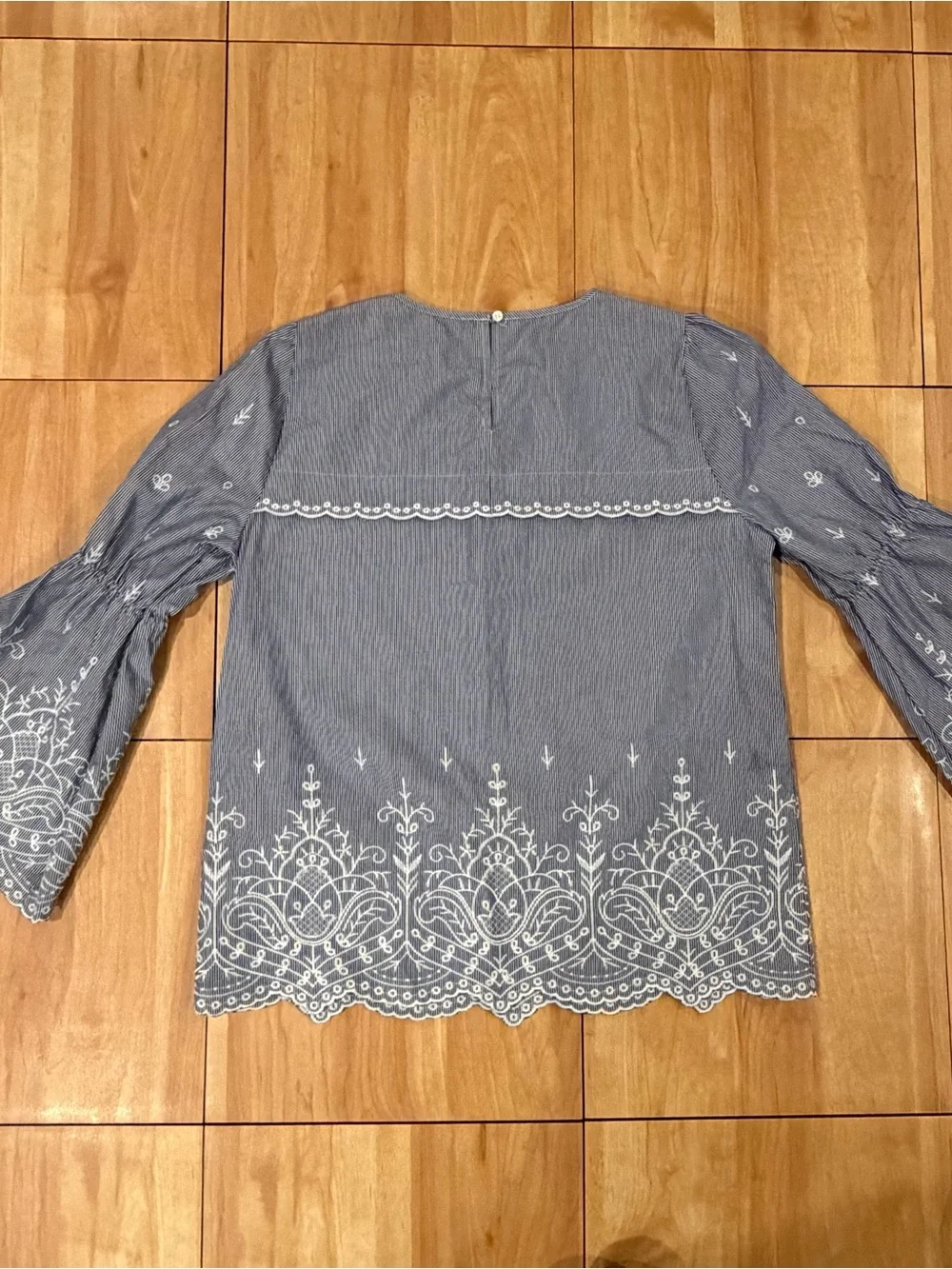J.Crew Blue White Striped Embroidered Bell Sleeve Blouse XS